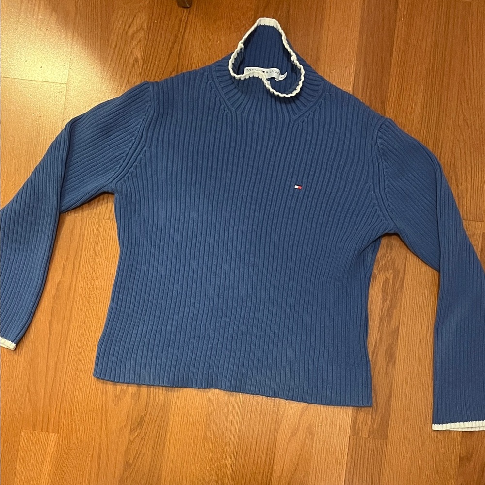 Tommy Hilfiger Blue Turtleneck Sweater with White Accents
